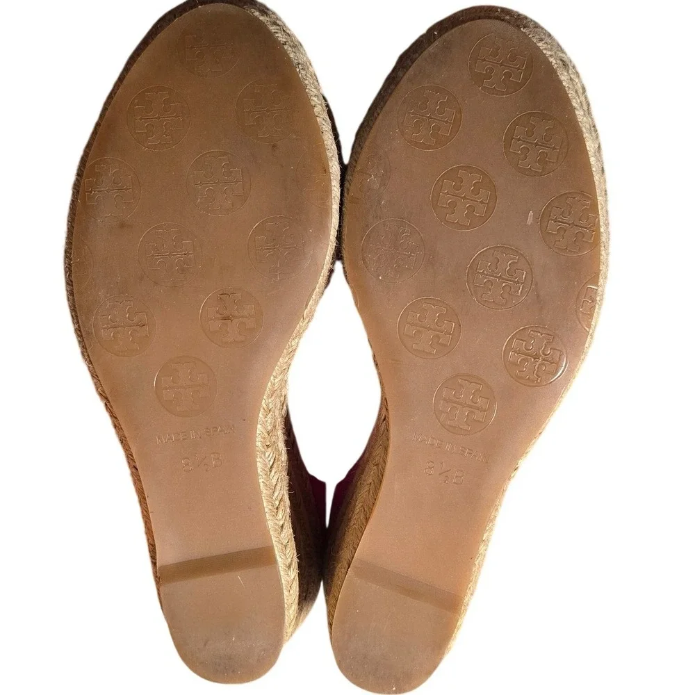 Tory Burch Womens Pink Red Canvas Espadrille Wedge Sandals Size 8.5 B Made Spain